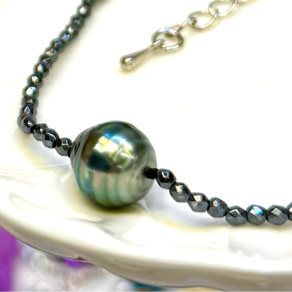 BPT30 9-10mm Natural Green Gray Baroque Tahitian Pearl Bracelet 18K WGold Plated